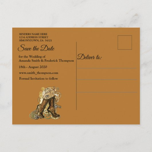 Gothic - Steampunk On Wood Bewaar de datum Aankondigingskaart (Achterkant)