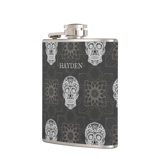Gothic Sugar Skull and Grey Geometric Personalised Heupfles (Links)
