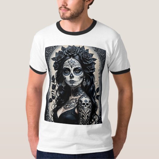 Gothic Sugar Skull Roos Tattoo Shirt (Voorkant)