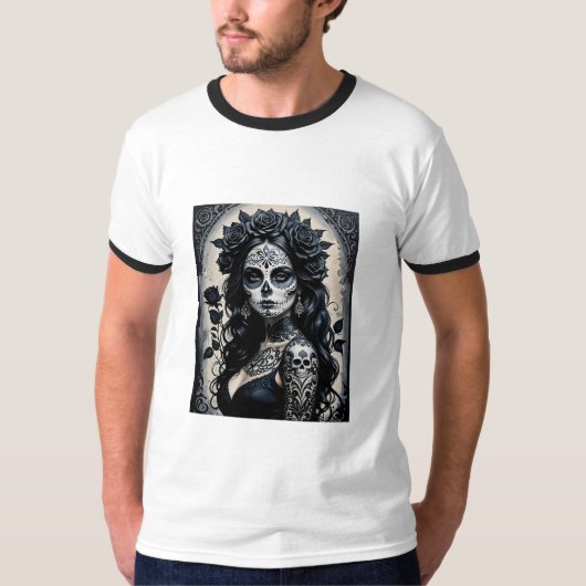 Gothic Sugar Skull Roos Tattoo Shirt (Voorkant)