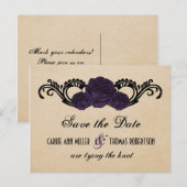 Gothic Swirl Rozen Save the Date Briefkaart, Paars Aankondigingskaart (Voorkant / Achterkant)