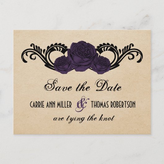 Gothic Swirl Rozen Save the Date Briefkaart, Paars Aankondigingskaart (Voorkant)