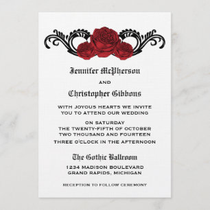 Gothic Swirl Rozen Wedding Invite, Red Kaart