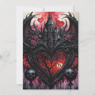 Gothic Valentine Red Hearts Black Castle Feestdagenkaart