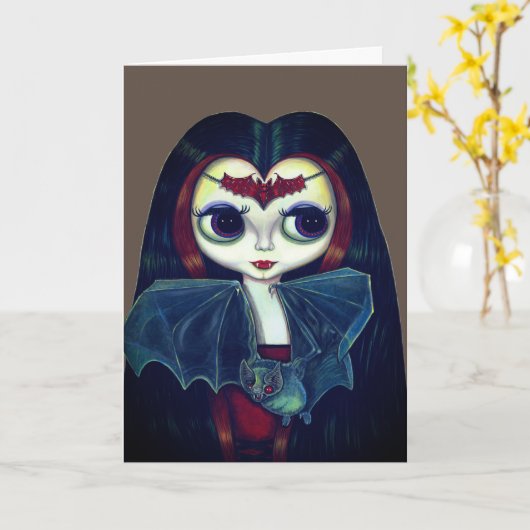 Gothic vampiermeisje met vleermuis grote ogen scha kaart (Gele Bloem)