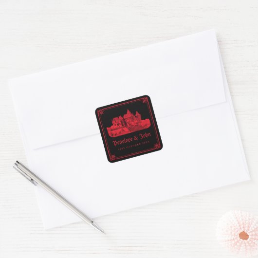 Gothic Vampire Castle Black Red Wedding Vierkante Sticker (Envelop)