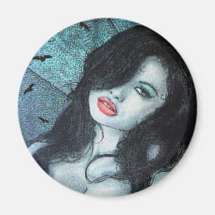 Gothic vampire dame black hair original art ELD Magneet