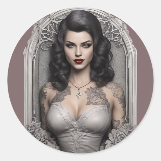 Gothic Vampiress in Venster Lijst Ronde Sticker (Voorkant)
