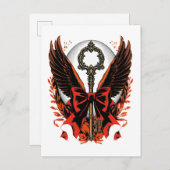 Gothic Velvet Bow Key met vleugels en maan Aankondigingskaart (Voorkant / Achterkant)