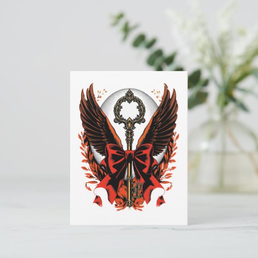 Gothic Velvet Bow Key met vleugels en maan Aankondigingskaart (Staand voorkant)