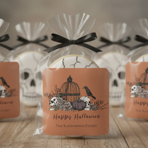 Gothic Verbrand Oranje Schedels en Rozen Halloween Vierkante Sticker