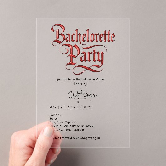 gothic vrijgezellenfeest - Red Metallic Script Acryl Uitnodigingen (Insitu (Draagbaar))