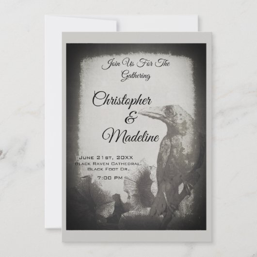 Gothic Wedding Invitation Crow Witch Gothic Black Kaart (Voorkant)