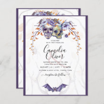 Gothic Wedding Invitation Paarse Oranje Skulls