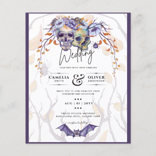 Gothic Wedding Invitation Paarse Oranje Skulls Flyer (Voorkant)