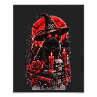 Gothic Witch Black Cat Halloween Skull Candle Desi Foto Afdruk