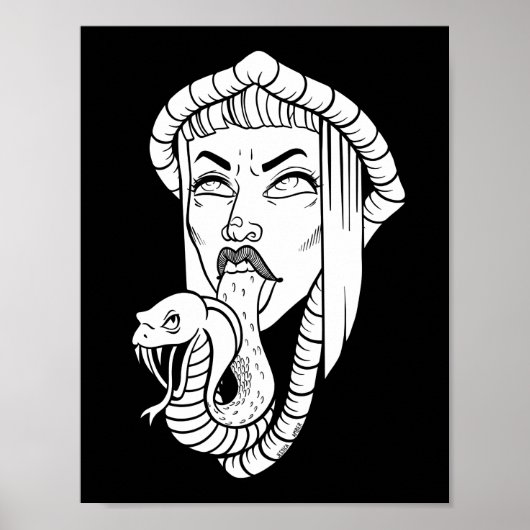 Gothic Woman Black White Snake Tongue Illustration Poster (Voorkant)