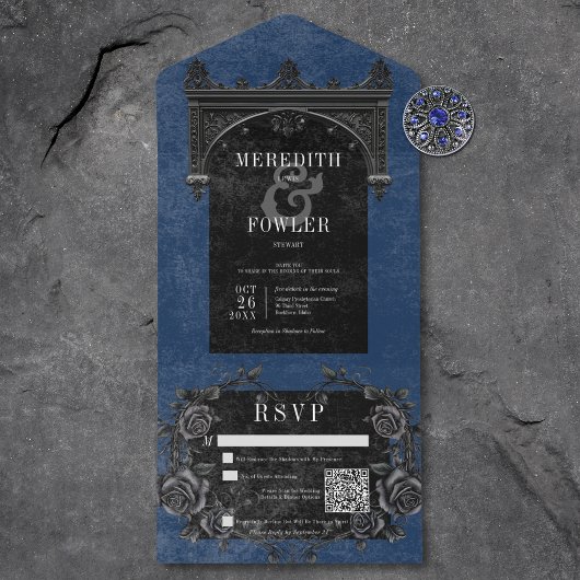 Gothic Zwart Arch & Zwart Rozen Blauw QR Code All In One Uitnodiging