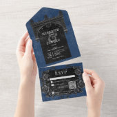 Gothic Zwart Arch & Zwart Rozen Blauw QR Code All In One Uitnodiging (Afscheurbaar)