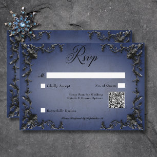 Gothic Zwart & Blauw Filigraan Hart QR Code RSVP Kaartje
