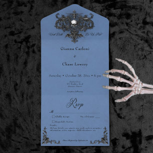 Gothic Zwart & Blauw Halloween Filigraan Geen Dine All In One Uitnodiging