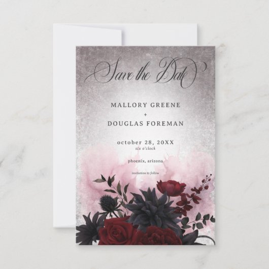 Gothic Zwart & Bourgondische schedel & Spin Bruilo Save The Date (Voorkant)