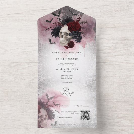 Gothic Zwart & Bourgondische schedel & vleermuizen All In One Uitnodiging (Binnen)