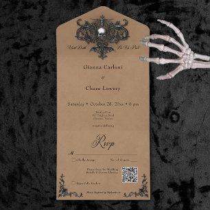 Gothic Zwart & Bruin Halloween Filigraan QR Code All In One Uitnodiging