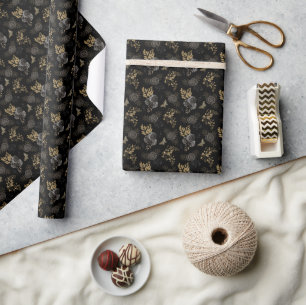 Gothic Zwart & Goud Rozen Vlinders Glitter Cadeaupapier