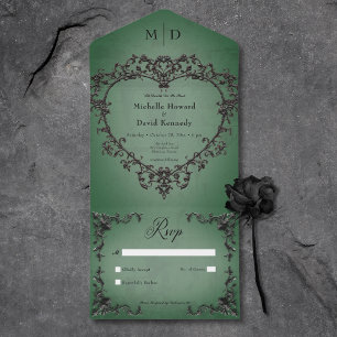 Gothic Zwart & Groen Filigraan Hart Geen Diner All In One Uitnodiging