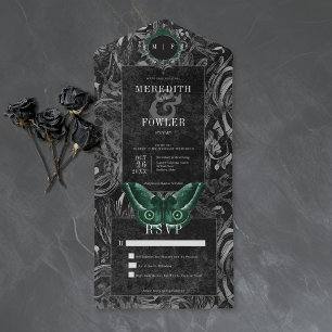 Gothic Zwart Groen Filigraat Mot Geen Diner Bruilo All In One Uitnodiging