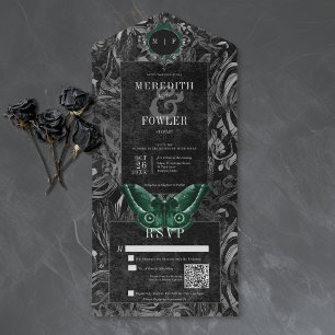 Gothic Zwart Groene Filigraan Motief QR Code Bruil All In One Uitnodiging