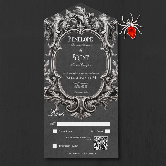 Gothic Zwart Moody Victoriaans Lijst QR Code All In One Uitnodiging