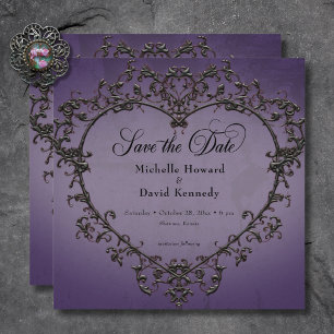 Gothic Zwart & Paarse filigraan hart bruiloft Save The Date