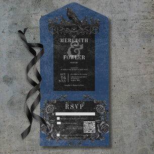Gothic Zwart Raven & Zwart Rozen Blauw QR Code All In One Uitnodiging