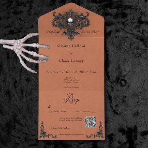Gothic Zwart & Roest Halloween Filigraan QR Code All In One Uitnodiging