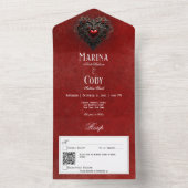 Gothic Zwart & Rood Filigraan Hart Rood QR Code All In One Uitnodiging (Binnen)