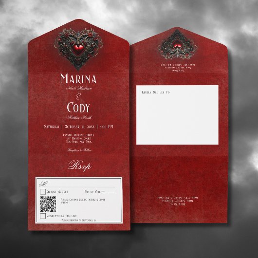 Gothic Zwart & Rood Filigraan Hart Rood QR Code All In One Uitnodiging