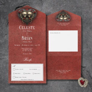 Gothic Zwart & Rood Schedels & Hart Rood Diner All In One Uitnodiging