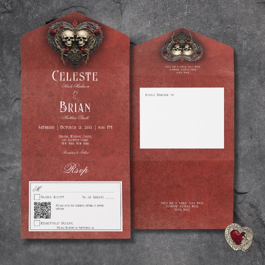 Gothic Zwart & Rood Schedels & Hart Rood QR Code All In One Uitnodiging