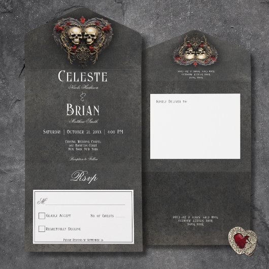 Gothic Zwart & Rood Schedels & Hart Zwart Geen Din All In One Uitnodiging