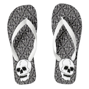Gothic zwart wit damast patroon witte schedel teenslippers