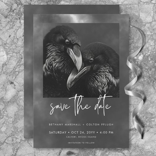 Gothic Zwart & Wit Raven Omhelzen Bruiloft Save The Date