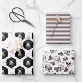 Gothic zwart-wit schedels en strepen Halloween Inpakpapier Vel