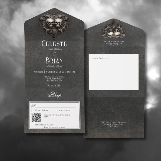 Gothic Zwart & Wit Schedels & Hart QR Code All In One Uitnodiging