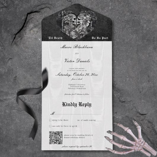 Gothic Zwart & Wit Skelet Paar QR Code All In One Uitnodiging