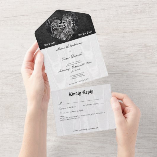 Gothic Zwart & Wit Skeleton Paar Details All In One Uitnodiging (Afscheurbaar)