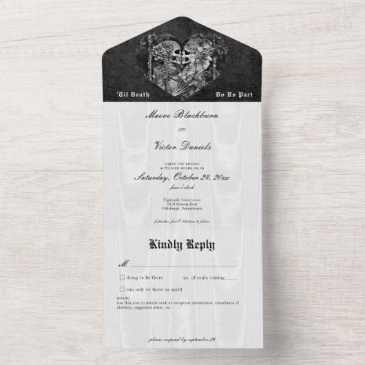 Gothic Zwart & Wit Skeleton Paar Details All In One Uitnodiging (Binnen)