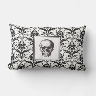 Gothic Zwarte Damast Patroon Schedel Halloween Buitenkussen