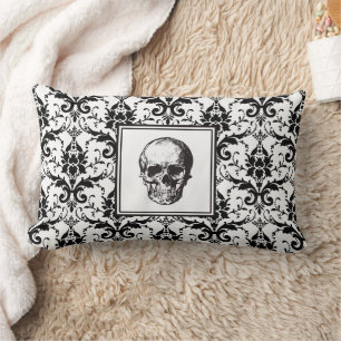 Gothic Zwarte Damast Patroon Schedel Halloween Kussen